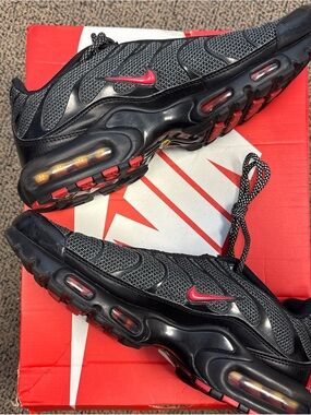 Nike Air Max Plus Metal Mesh Black Red Accent Air Cushion Athletic Sneakers